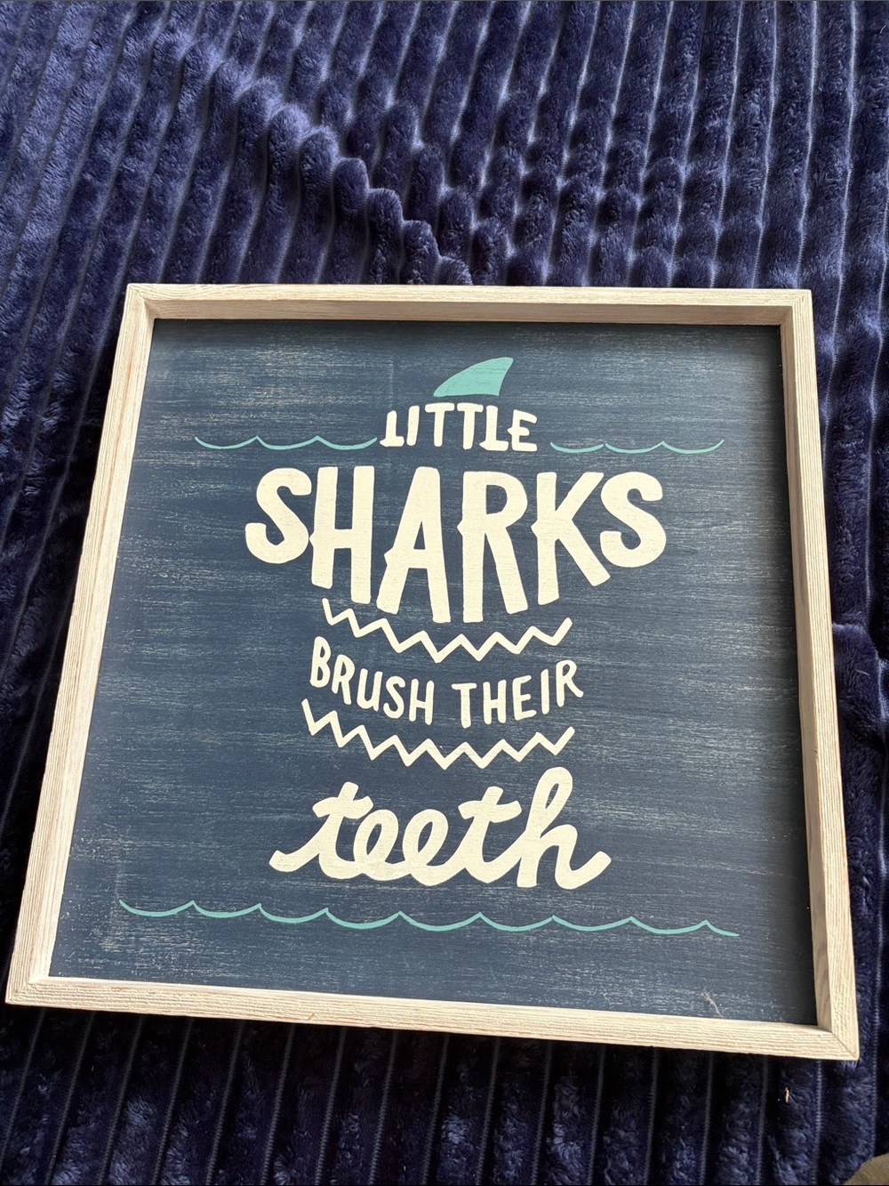 Pottery Barn Kids Navy and Teal 'Little Sharks' Framed Wall Sign